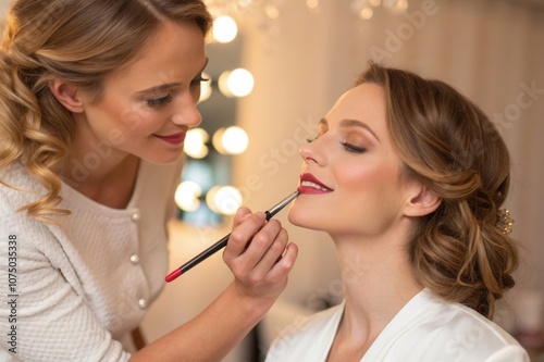 A makeup artist meticulously applies red lipstick on a clients lips in a well lit and stylish studio.