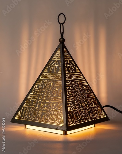 Egyptian pyramid lantern with golden hieroglyphics and warm lighting