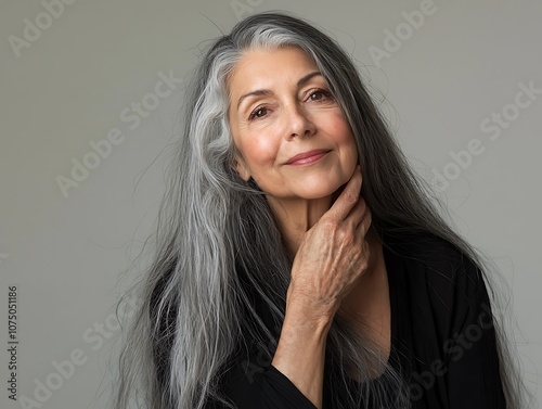 An elegant woman with long, flowing gray hair smiles gently while thoughtfully resting her hand on her chin against a neutral background.