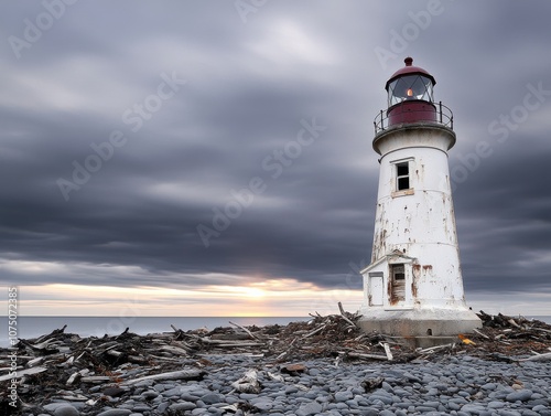 A weathered lighthouse stands against a moody, cloudy sky.