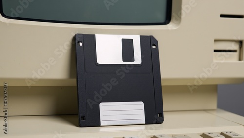 Image depicting an aged vintage personal computer with a retro CRT monitor and floppy disk system