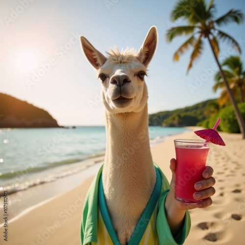 Llama sips a cocktail against a selectively focused beach backdrop