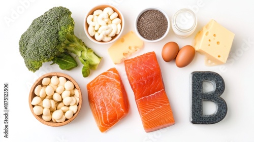 Various foods rich in vitamin B, including broccoli, beans, seeds, dairy, salmon, and eggs, presented neatly on a white background to highlight their nutritional value.