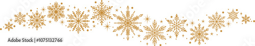 Golden snowflake border wave vector clip art illustration for winter holidays, Christmas design element with stars, isolated gold snow decoration frame