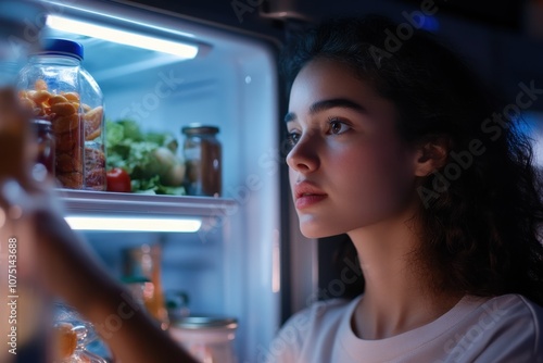 A young woman gazes into an open refrigerator at night, pondering her choices while light illuminates her face, showcasing fresh produce and jars inside.