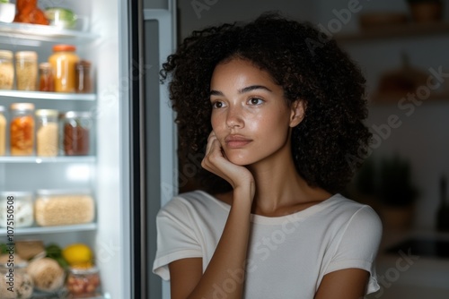 A woman with curly hair gazes thoughtfully at the open refrigerator, with shelves filled with various food items, contemplating her options for a snack or meal.