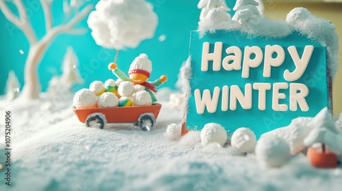 "Happy WINTER" text with paper-cut snowball fights and sledding in a vibrant comic background.