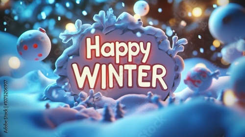 "Happy WINTER" text with paper-cut snowball fights in a lively comic background.