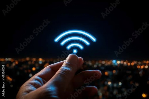 A Wi-Fi signal icon glowing in a cityscape at night, symbolizing connectivity everywhere