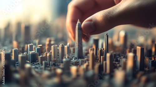 Fingers delicately rearrange a miniature skyscraper, reflecting the synchronous relationship between human creativity and urban landscapes.