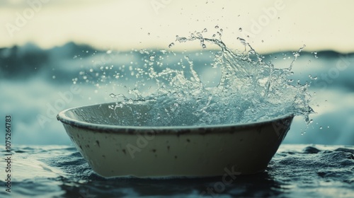 A splash of water arcs gracefully from a metal bowl, capturing a moment of spontaneous motion against a blurred seaside backdrop.