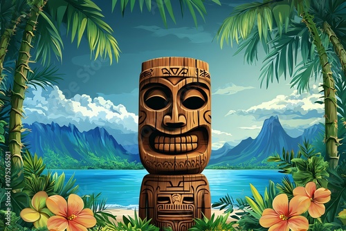 A traditional tiki idol stands tall on a tropical beach, surrounded by lush palm trees and vibrant flowers, with a stunning view of the turquoise ocean and majestic mountains in the background.