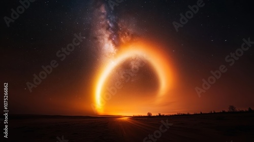 A magnificent circular light formation, radiant against the night sky, creates an ethereal scene reminiscent of cosmic wonders and universal mysteries.