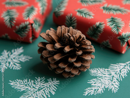 A pine cone on green wrapping paper with festive red and green holiday decorations.