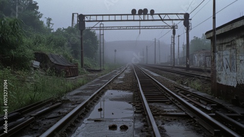 A misty railway track stretches into the horizon, framed by dense greenery and old structures, evoking mysterious solitude.