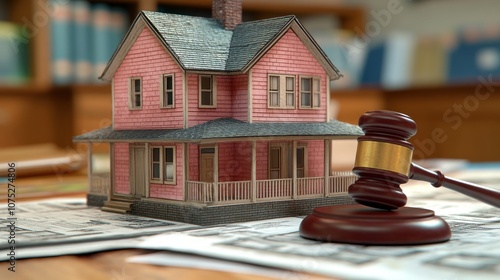 A gavel rests near a miniature pink house on a table with legal documents.