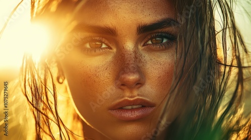 A close-up capture focuses on a woman's alluring freckles and intense gaze, bathed in warm, golden sunlight, highlighting her natural allure and serene confidence.