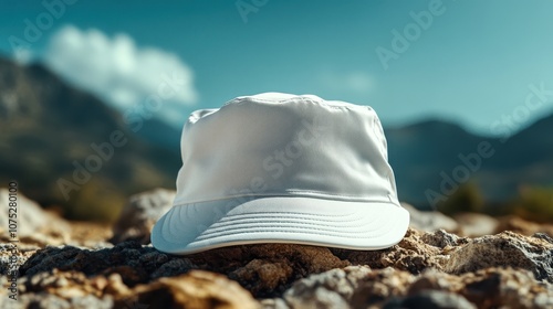 A white bucket hat rests on rocky terrain, framed by expansive mountainous landscape and clear skies, suggesting a sense of adventure and tranquility.