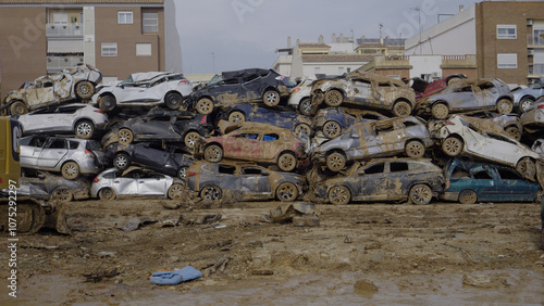 Crowd of cars destroyed by floods in Alfafar, Valencia, Spain. natural disaster.November 2024