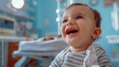 Smiling baby in a medical room, likely at a pediatrician's office for a health checkup.