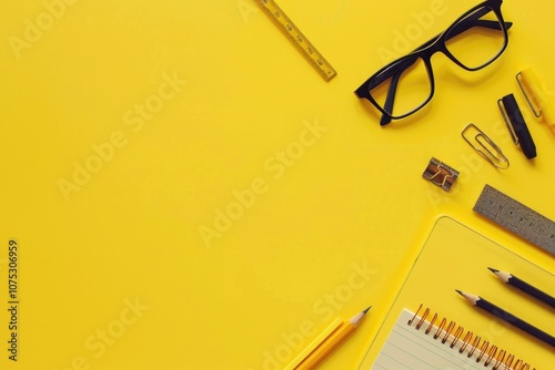 Pens, scissors, glasses and more on a bright yellow surface.