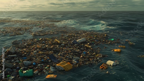 Waste including trash and non decomposable items accumulates on the surface of the ocean highlighting the pressing issue of environmental pollution