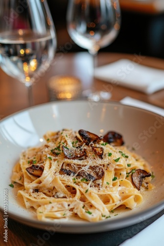 Gourmet pasta dish in a bowl, served on table. Wine glasses and utensils suggest a fine-dining experience.