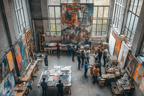 Aerial view of an vibrant art workshop filled with creativity and collaboration