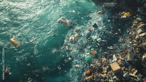 Waste including trash and non decomposable items accumulates on the surface of the ocean highlighting the pressing issue of environmental pollution