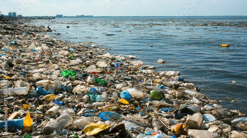 Waste including trash and non decomposable items accumulates on the surface of the ocean highlighting the pressing issue of environmental pollution