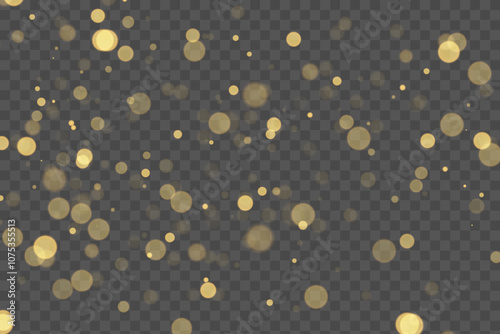 Sparkling golden particles, glowing bokeh lights isolated on dark transparent background