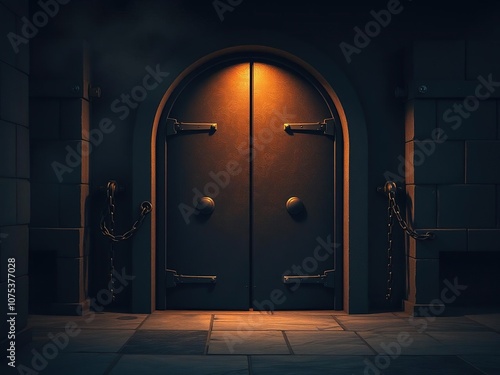 A dimly lit cosmic entrance with a large metal door locked in place by heavy chains and reinforced with thick steel bars, universe, wreckage