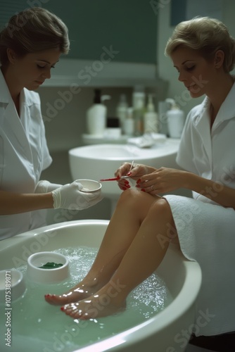 two women in white robes sitting in a bathtub