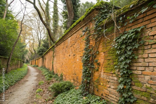 old rustic orange brick wall with ivy and moss, ivy, moss, wildflowers, forgotten, landscape