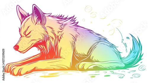 Line art illustration featuring a rainbow gradient drawing of a cartoon wolf displaying annoyance