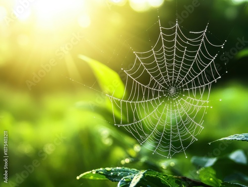 Delicate spider web glistening in morning light.