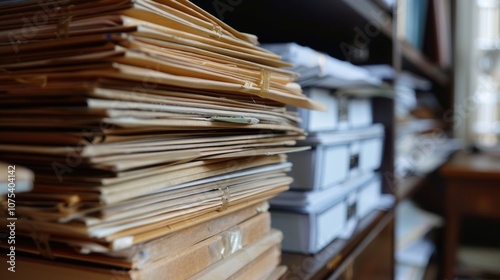 Large stack of files sits on a shelf, creating a sense of disorganization and highlighting the need for better document management. The blurred background suggests a busy office environment