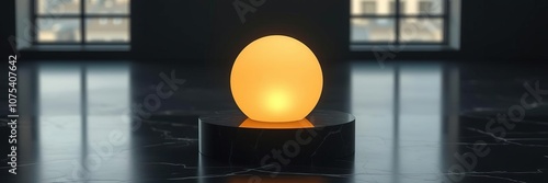 A solitary, glowing sphere is perched on top of a black marble surface, surrounded by a halo of soft light in an otherwise dimly lit setting, warm, shine