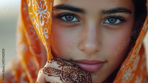 Close-up of an Arab girl with henna on her hand, holding her chin thoughtfully, a serene look in her eyes.