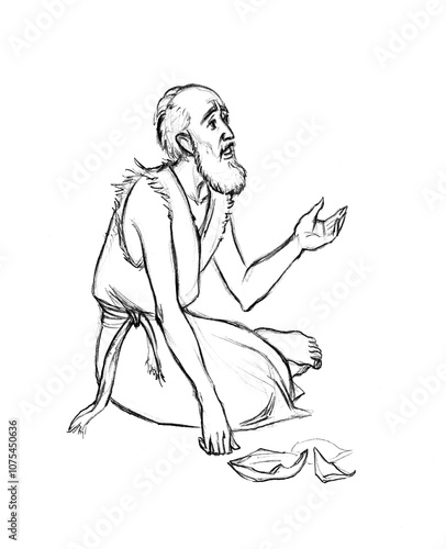 Pencil drawing. A beggar asks for alms