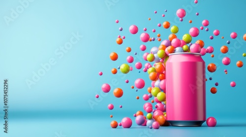 Can of soda is surrounded by a cloud of colorful balls. Concept of fun and excitement, as if the soda is being poured out and the colorful balls are flying everywhere