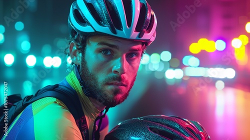 Determined Cyclist in Neon Lights - Passion for Cycling and Sport Photography Realistic Shot