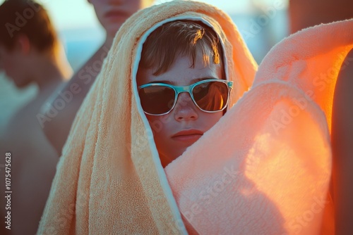 Teenager wearing sunglasses in a towel on the beach.