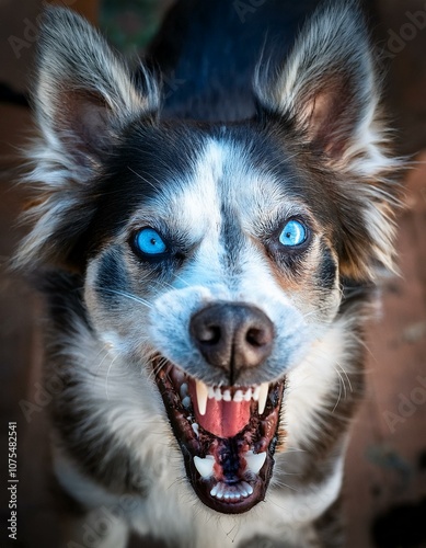 retrato de la cara de un bonito perro gruñendo, con ojos azules.