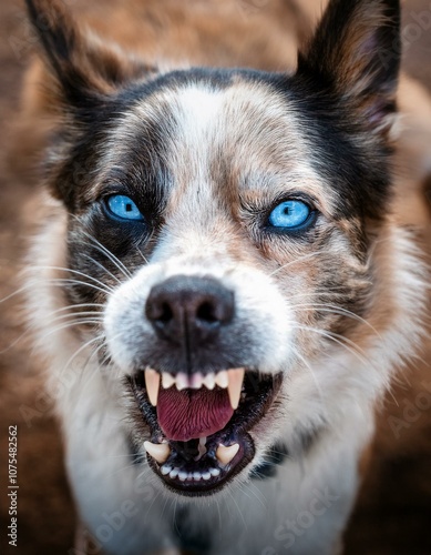 retrato de la cara de un bonito perro gruñendo, con ojos azules.