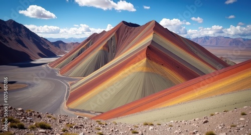 Vinicunca, Rainbow Mountain, Peru, colorful striped mountainside under clear sky. Captured in natural light with Nikon D850, showcasing vibrant, unique landscape.