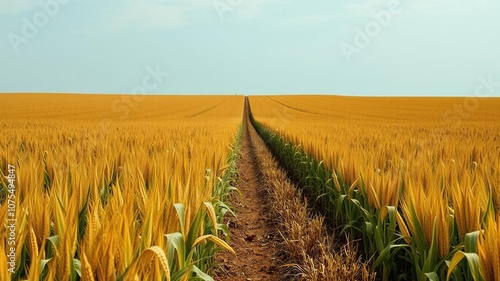 A sprawling cornfield stretching towards the horizon, with rows of golden cornstalks swaying gently in the breeze, fields, fertile land, landscape