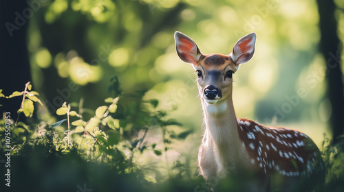 Jeleń w bujnym, zielonym lesie, otoczony gęstą roślinnością, która podkreśla dzikość i piękno naturalnego środowiska. 