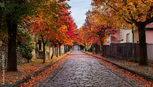  Village street lined with trees in full autumn splendor, their colorful leaves covering the_1(1887)