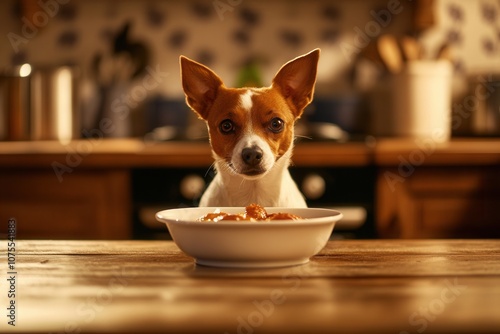 Adorable dog patiently waiting for meal in cozy home setting